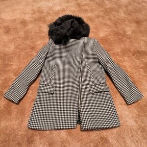 Mona - Black Checkered Winter Jacket With Fur Hood - Size M Wool Blend